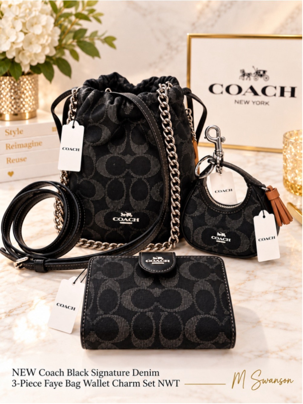 NEW Coach Black Signature Denim 3-Piece Faye Bag Wallet Charm Set NWT